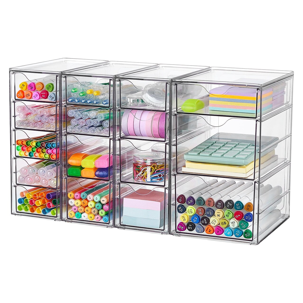 4 Set Clear Desk Organizer, Pen Organizer with 16 Drawers, Acrylic Desktop Organization and Storage for Office Supplies, Pen, Makeup, Art Craft, Jewelry